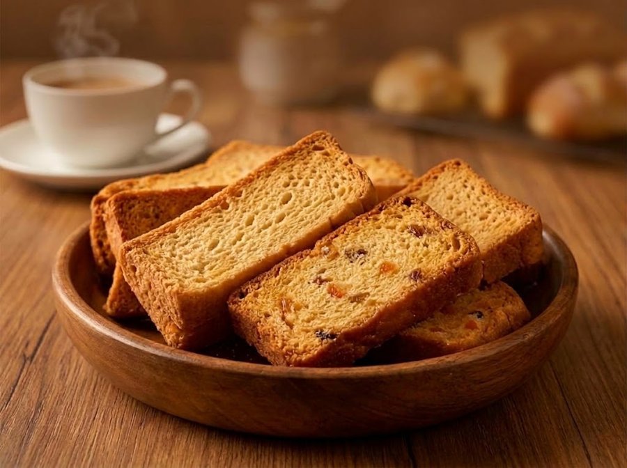 Golden cake rusks with a cup of chai