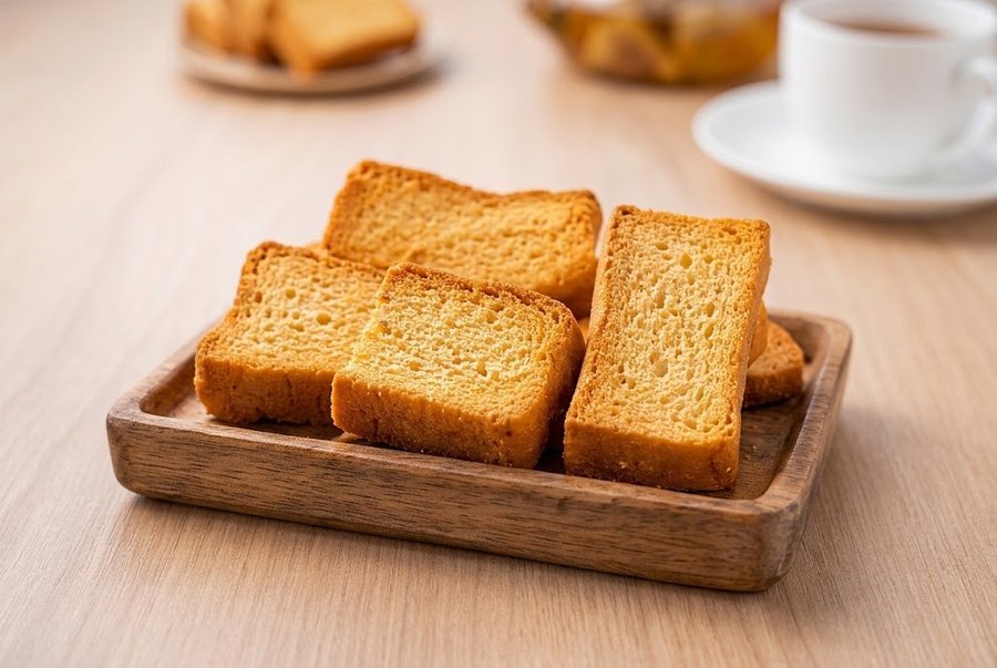Golden crispy cake rusks on a wooden tray
