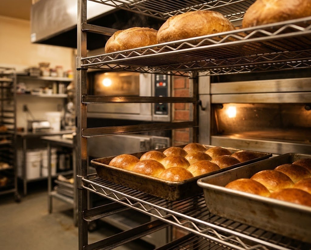 Freshly baked golden buns on trays at Tasty's bakery