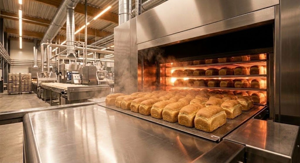 Sandwich loaves baking in tunnel oven